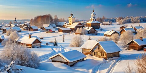 Traditional Russian village covered in snow during winter, Russian, village, winter, snow, traditional, countryside, houses