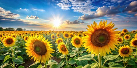 Obraz premium Vibrant sunflower field on a sunny day, nature, flowers, outdoors, agriculture, summer, beautiful, yellow, petals, growth