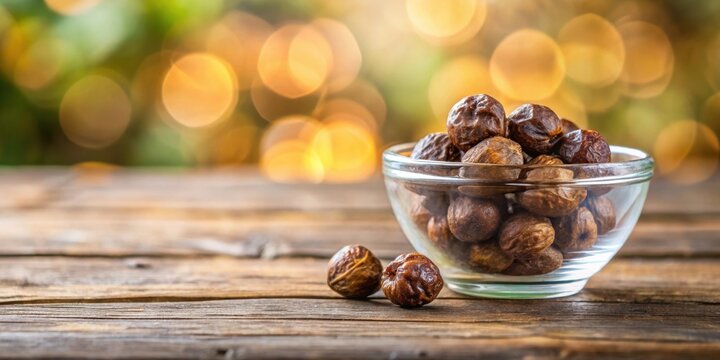 Close up of soapnut and its solution in glass bowl on wooden surface with bokeh background, soapnut, eco-friendly