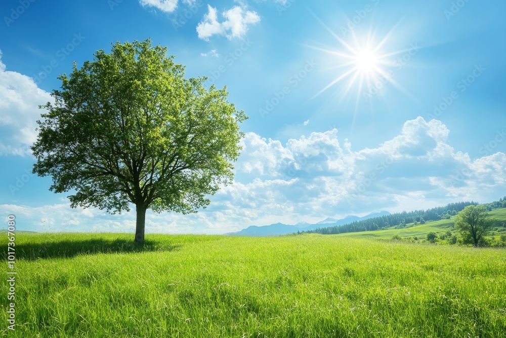 Wall mural a solitary tree stands tall in a green field with a mountain range in the background under a bright 