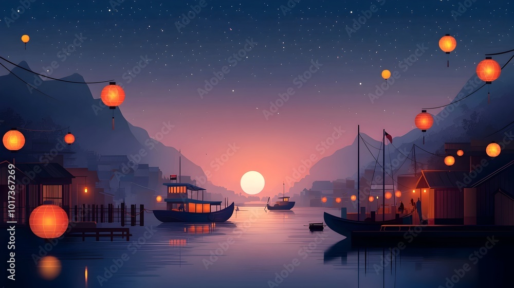 Poster stunning flat design of a festival of lights with glowing lanterns floating on a calm river creating