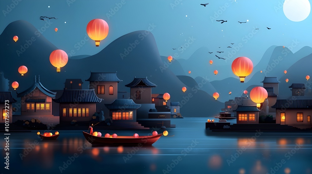Poster peaceful and serene scene of glowing lanterns floating on a river during a festive flat design of a 