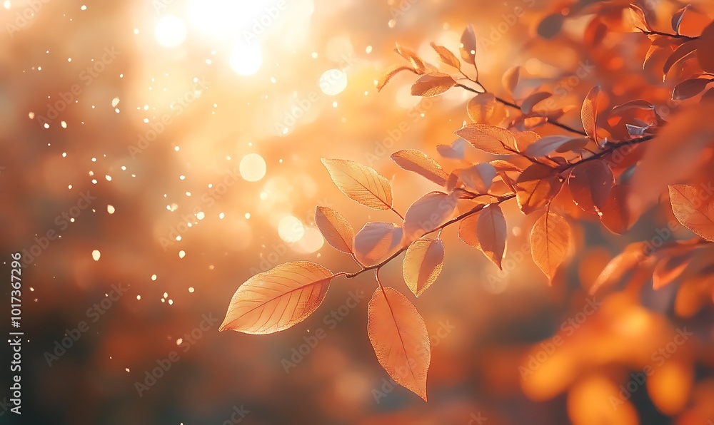 Poster a serene autumn scene with warm sunlight filtering through orange and golden leaves, creating a tran