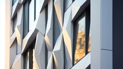 Modern building facade with geometric design and reflective windows.