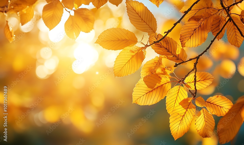 Aufkleber a serene close-up of golden autumn leaves illuminated by soft sunlight, creating a warm and tranquil