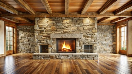 Front view of a natural stone wall with fireplace, wooden beams, and floors , stone wall, fireplace, wooden beams, natural