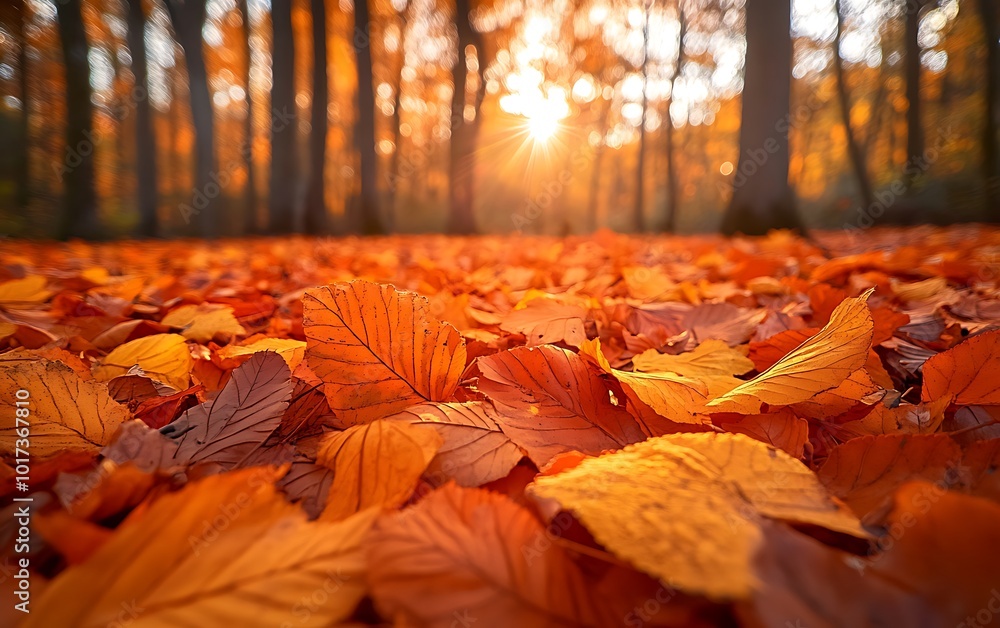 Poster a serene autumn landscape featuring a carpet of orange leaves under trees illuminated by soft sunlig