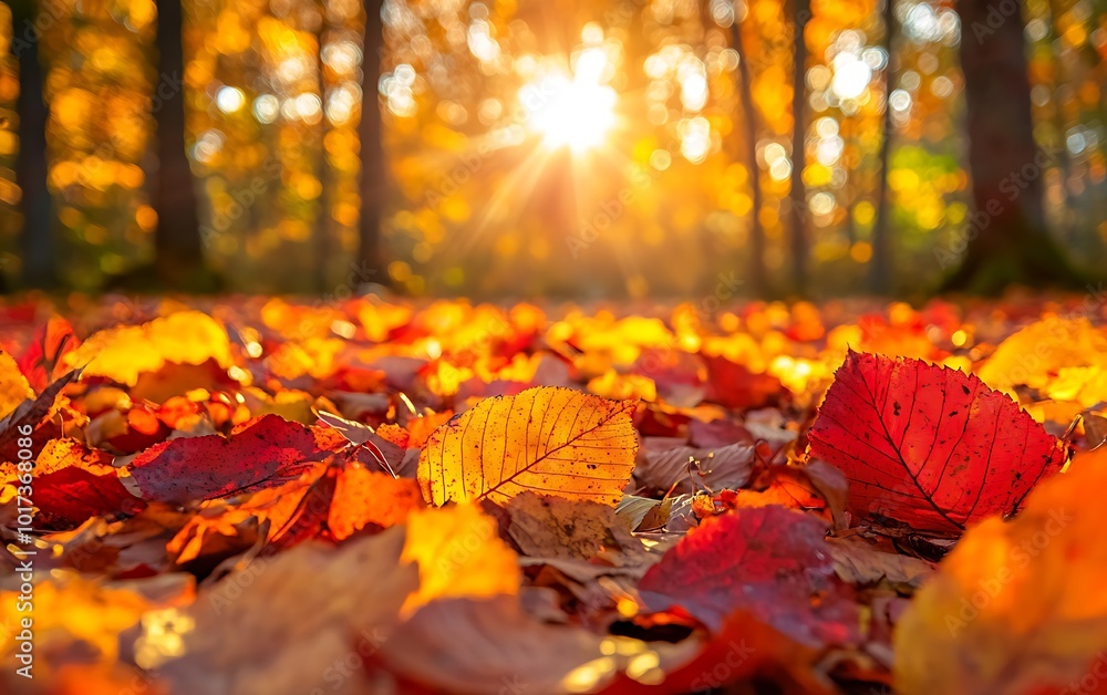 Poster a vibrant autumn scene featuring colorful leaves blanketing the ground, illuminated by warm sunlight