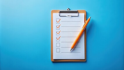 A blank checklist on a clipboard with an orange pen on a blue background , organization
