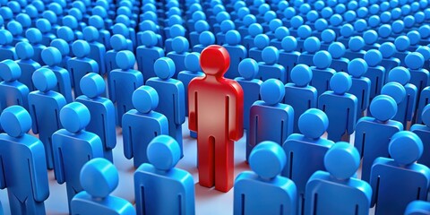 Red figure stands out in a crowd of blue figures, symbolizing individuality, individuality, unique, stand out