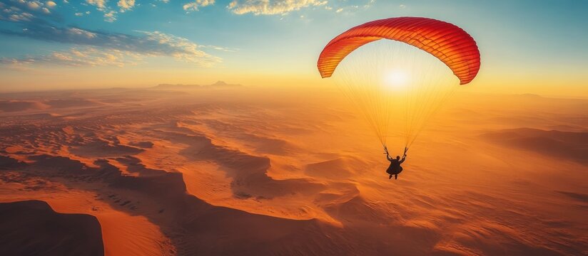 A paraglider soars over a desert landscape at sunset. The sun shines brightly in the sky, and the dunes stretch out in the distance.
