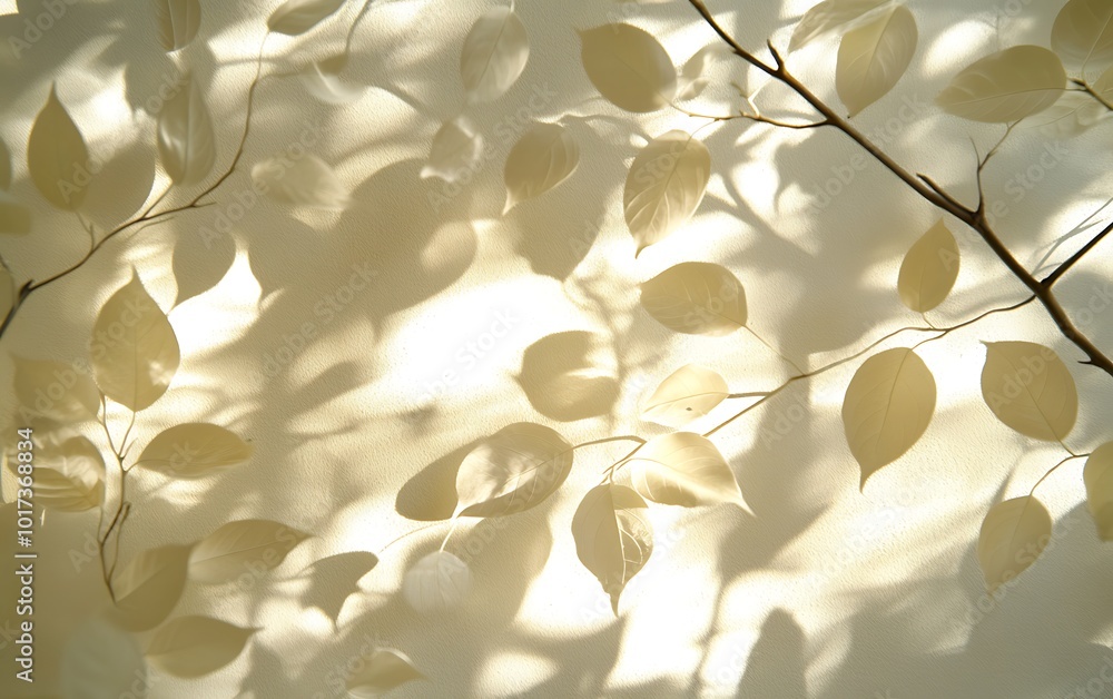 Poster a soft, ethereal pattern of light and shadow created by delicate leaves against a pale background.
