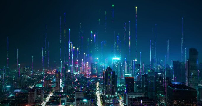 City network growing with data transferring showing modern business and technology