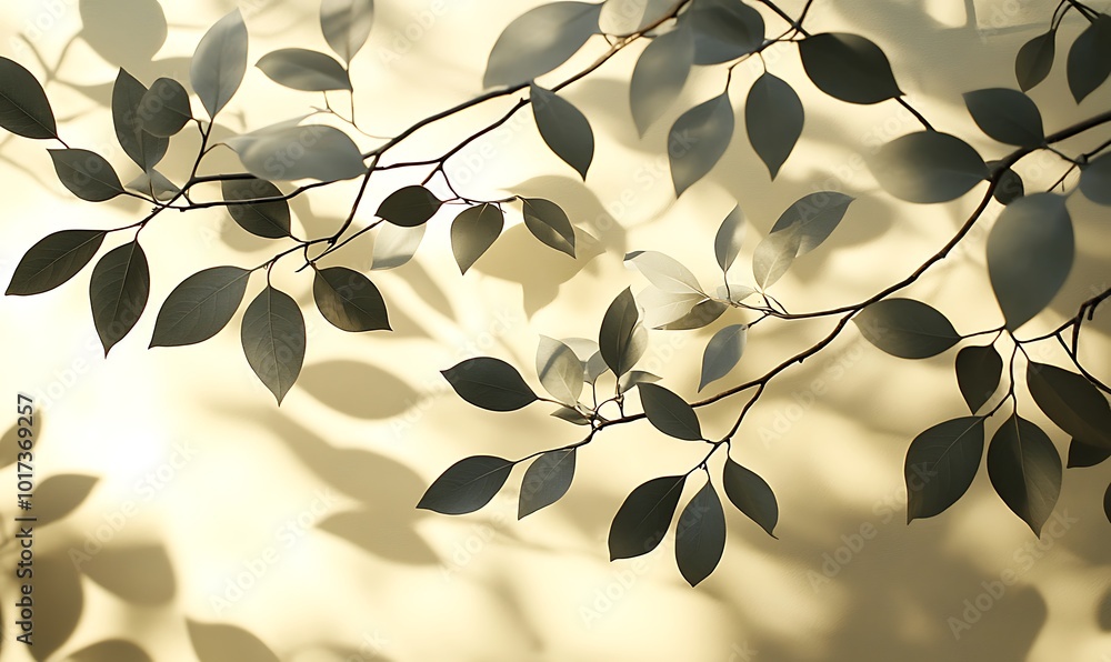 Fototapete the image features delicate branches with leaves casting soft shadows against a light background, cr