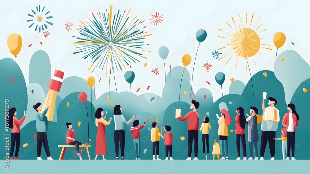 Poster captivating flat design of a vibrant national day fireworks display in a lively park setting with a 