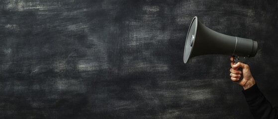 A hand holds a megaphone against a dark, textured background, with the megaphone pointing to the left.