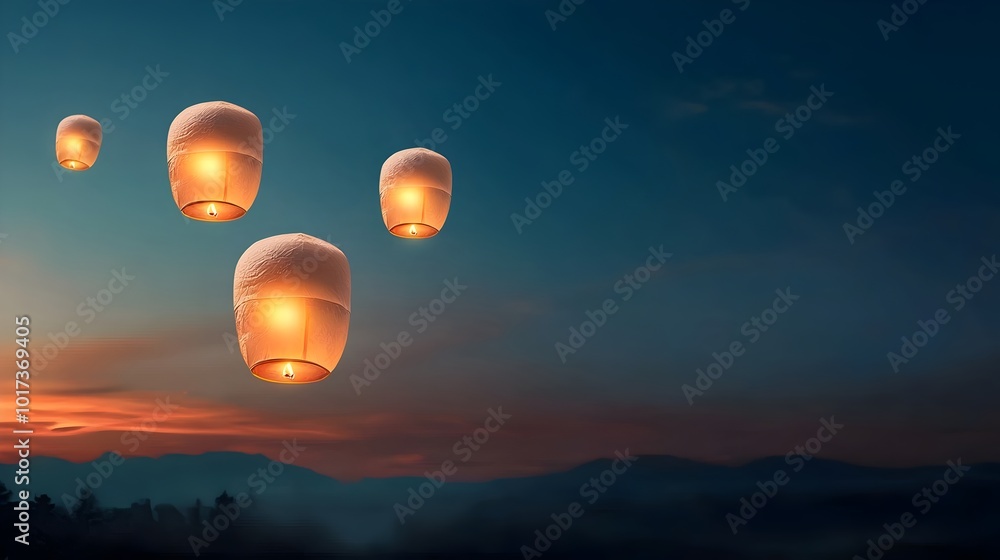 Poster vibrant lantern festival lighting up the night sky with glowing paper lanterns in flat design ethere