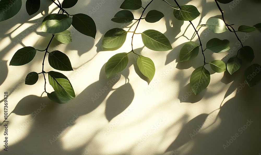 Poster a serene image of green leaves casting delicate shadows on a light-colored wall, creating a natural,