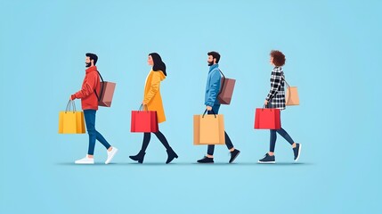 Fototapeta premium Stylized flat design depicting the busy and festive atmosphere of Black Friday shopping featuring shoppers carrying shopping bags and discounts or sales offers prominently displayed