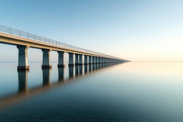 Perspective view of a long bridge over water, its repeating structure gradually fading into the horizon under a clear sky.