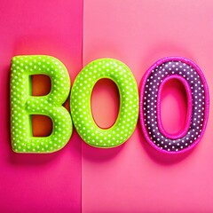 

Bright and playful "BOO" text in polka dot patterns, featuring vibrant green, pink, and purple colors on a two-tone pink background. A fun and festive design, perfect for Halloween or cheerful party