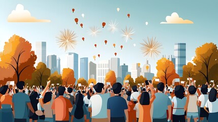 Colorful and captivating national holiday fireworks display in a city park with a crowd of people gathered to watch the festive and illumination in the night sky