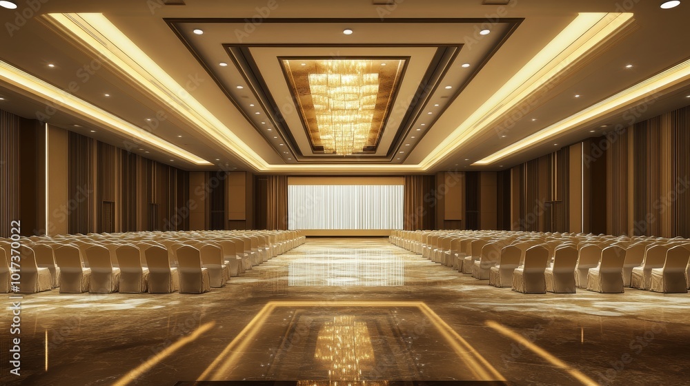 Aufkleber Empty conference hall with chairs arranged in rows and a large screen at the end of the room.