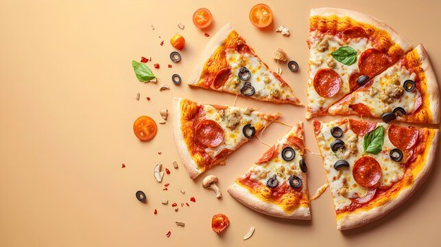 Mouthwatering Pizza Slices with Assorted Toppings Presented in a Flat Design Perfect for National Pizza Day Recipe Concept