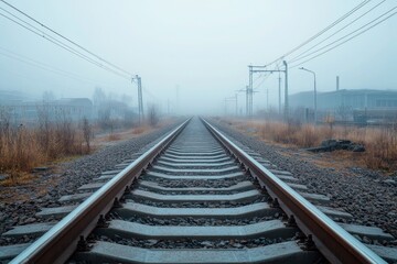 Perspective of railway tracks stretching into a foggy horizon, flanked by industrial elements and power lines.