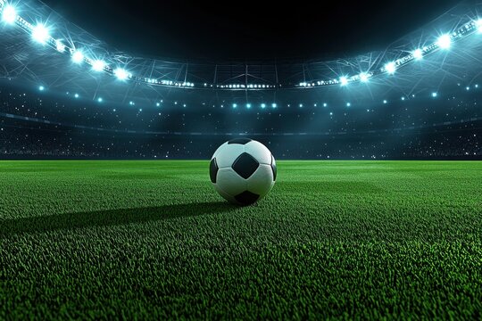 A close-up view of a soccer ball on a vibrant green field, illuminated by stadium lights during a night game.