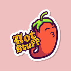 Cheerful Cartoon Chili Pepper Character with 'Hot Stuff' Text, Perfect for Spicy Food Illustrations and Merchandise