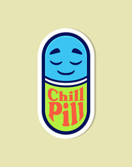 Relaxing Chill Pill Cartoon Sticker Design Featuring a Happy Blue Capsule with Smiling Face and Vibrant Colors for Stress Relief and Wellness Theme