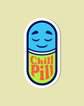 Relaxing Chill Pill Cartoon Sticker Design Featuring a Happy Blue Capsule with Smiling Face and Vibrant Colors for Stress Relief and Wellness Theme