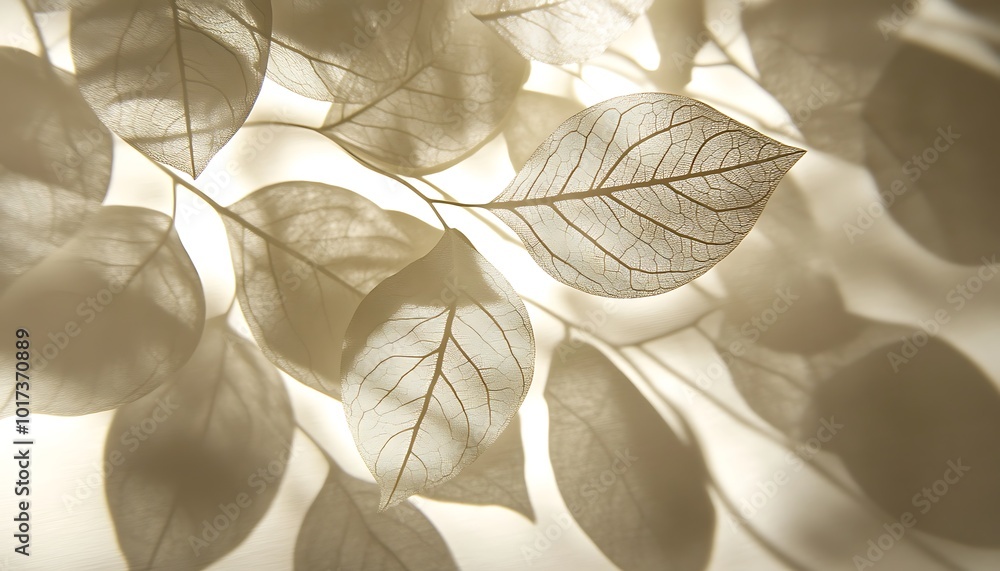 Poster Delicate leaves create intricate shadows against a soft background, highlighting their textures and forms in a serene composition.