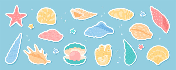 Cartoon shells and sea life. Sticker style colorful seashells, starfish reef underwater marine creatures set in ocean plants. Isolated elements on a blue background.