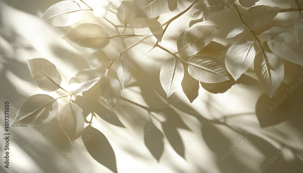 Poster a serene image of soft leaves casting delicate shadows on a light background, evoking feelings of tr