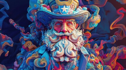 Vibrant Abstract Portrait of a Bearded Man in Colorful Swirls and Textures with a Starred Hat