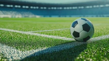 Fototapeta premium Close-up of a soccer ball resting on the grass near the goal line, capturing the essence of outdoor sports and competition.