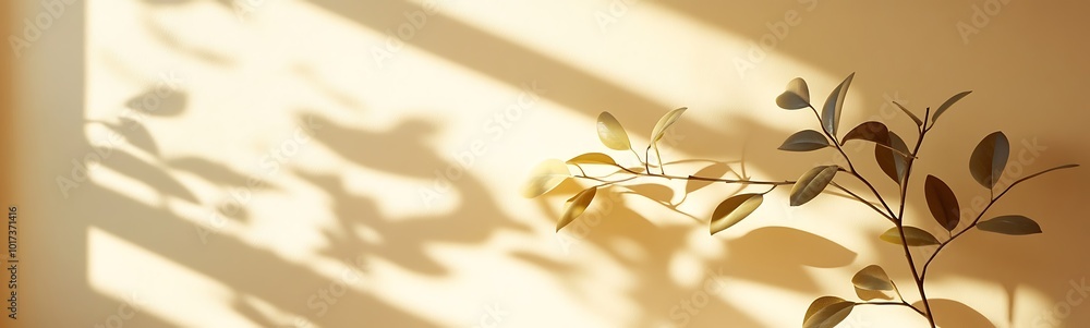 Poster a serene display of soft shadows cast by a leafy plant, creating a tranquil ambiance on a warm, sunl