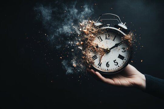 A hand holds a vintage clock that is exploding into dust and debris against a black background.