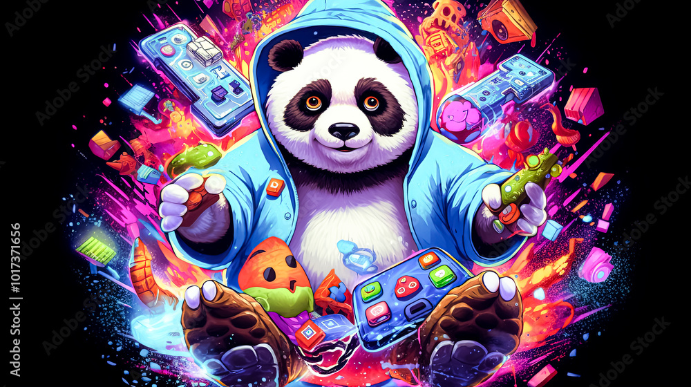 Poster panda is holding a remote and surrounded by various objects