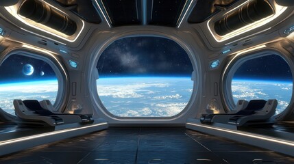 Fototapeta premium A commercial space station module designed for luxury tourism, featuring large windows, floating passengers, and sleek, modern interiors that offer stunning views of the stars.