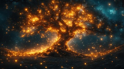 Illuminated Tree Of Life With Glowing Orange Particles In A Dark Mystical Forest Under A Starry Sky
