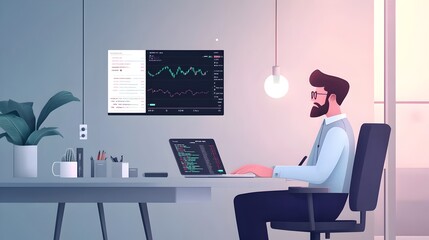 Businessman analyzing market data and financial reports on laptop computer in a minimalist pastel colored modern office setting with tech startup theme and animation elements
