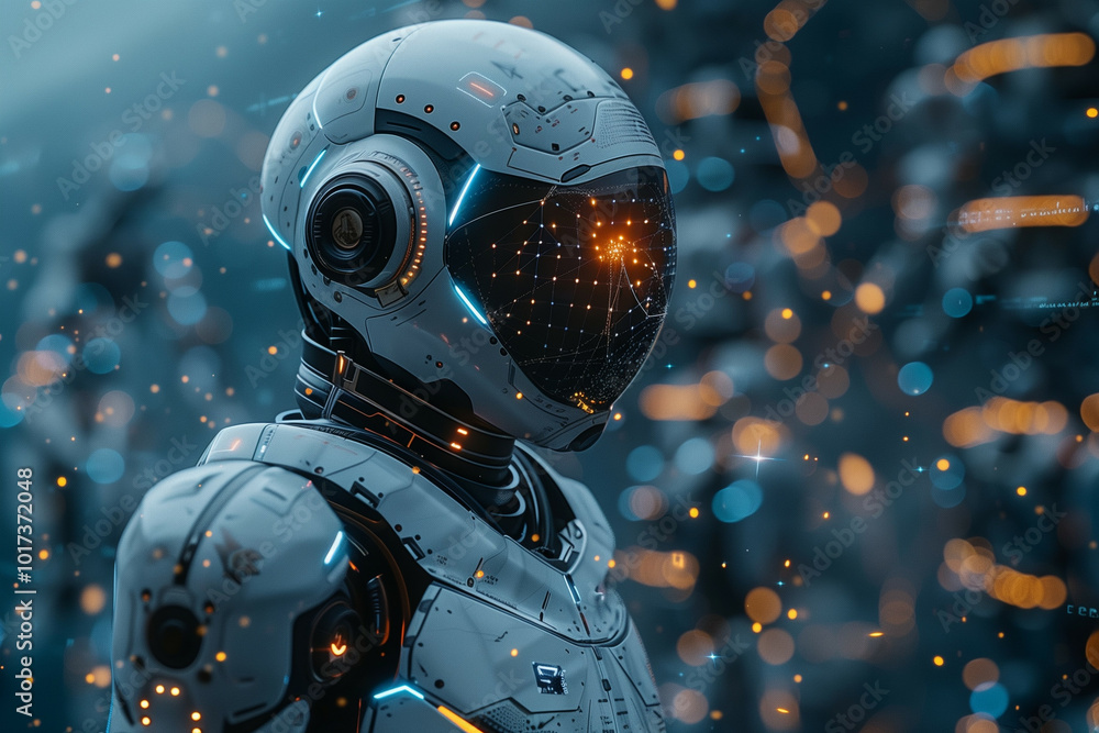 Poster futuristic robot with a detailed visor displaying digital network connections