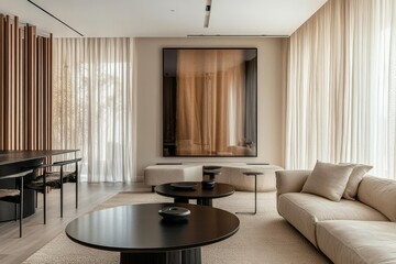 Modern living room interior with a large abstract painting, a curved sofa, and a coffee table in the center.