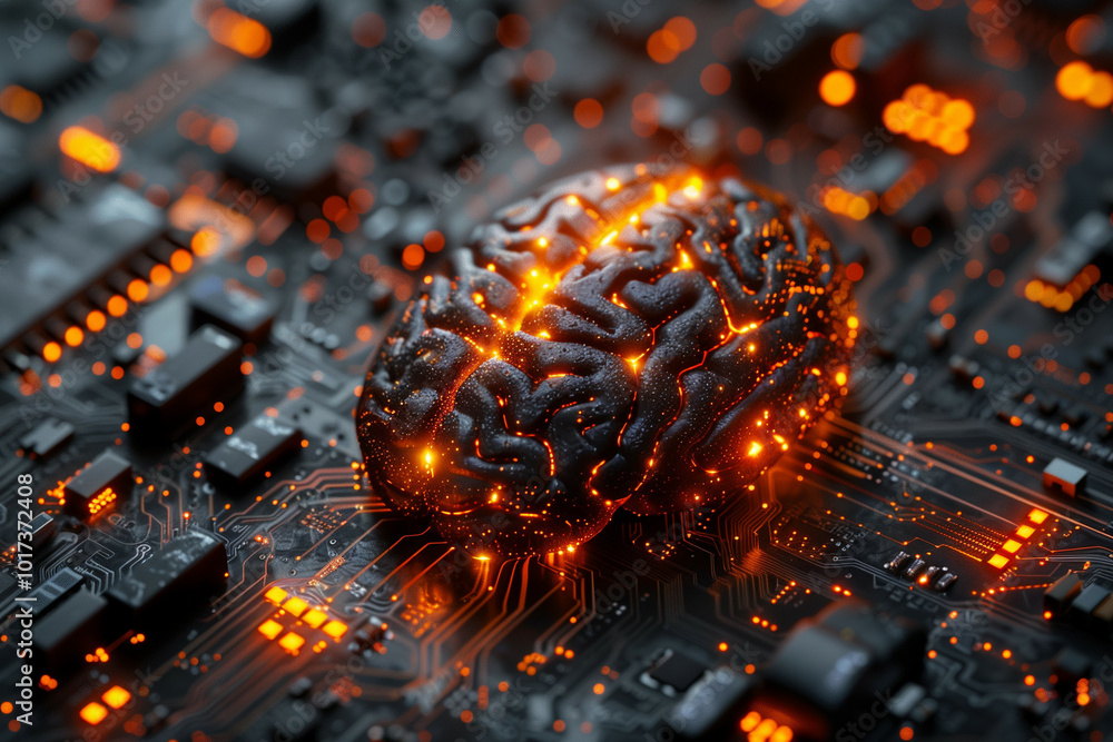 Poster stunning visual of a human brain on a circuit board illuminated by glowing orange lights, symbolizin