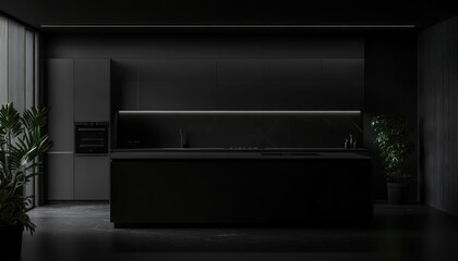 Obraz premium A sleek, dark kitchen with black cabinets and succulents 4. Generative AI