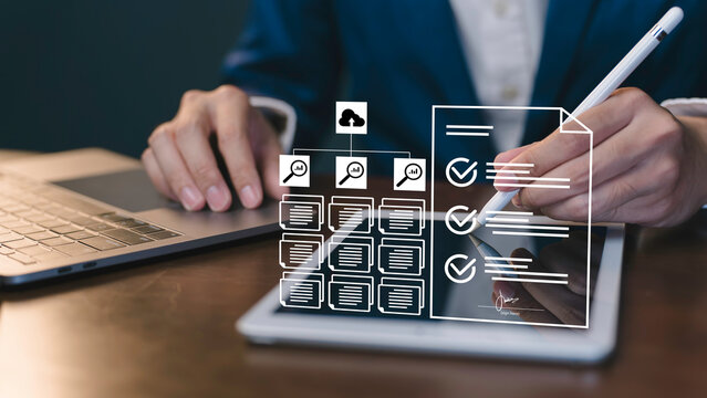 businessman checklist document online on cloud, Compliance to regulations service and standards. checking searching document paperwork or report Documents data.