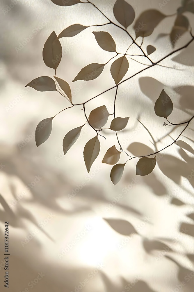 Poster Soft shadows of delicate leaves create an elegant pattern on a light background, showcasing nature's tranquil beauty.